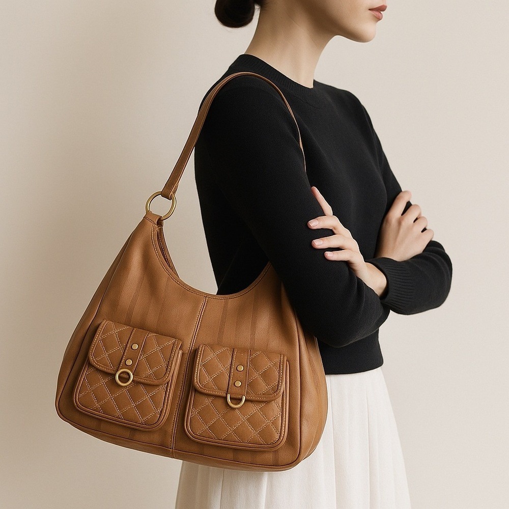 Charlie Lapson Hobo Shoulder Bag Cognac Brown Quilted Pocket Designer Style‎